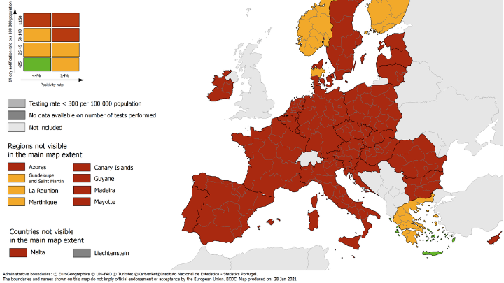 Η Ελλάδα παραμένει ευρωπαϊκή χώρα με “πράσινες” περιοχές στους εβδομαδιαίους χάρτες του ECDC